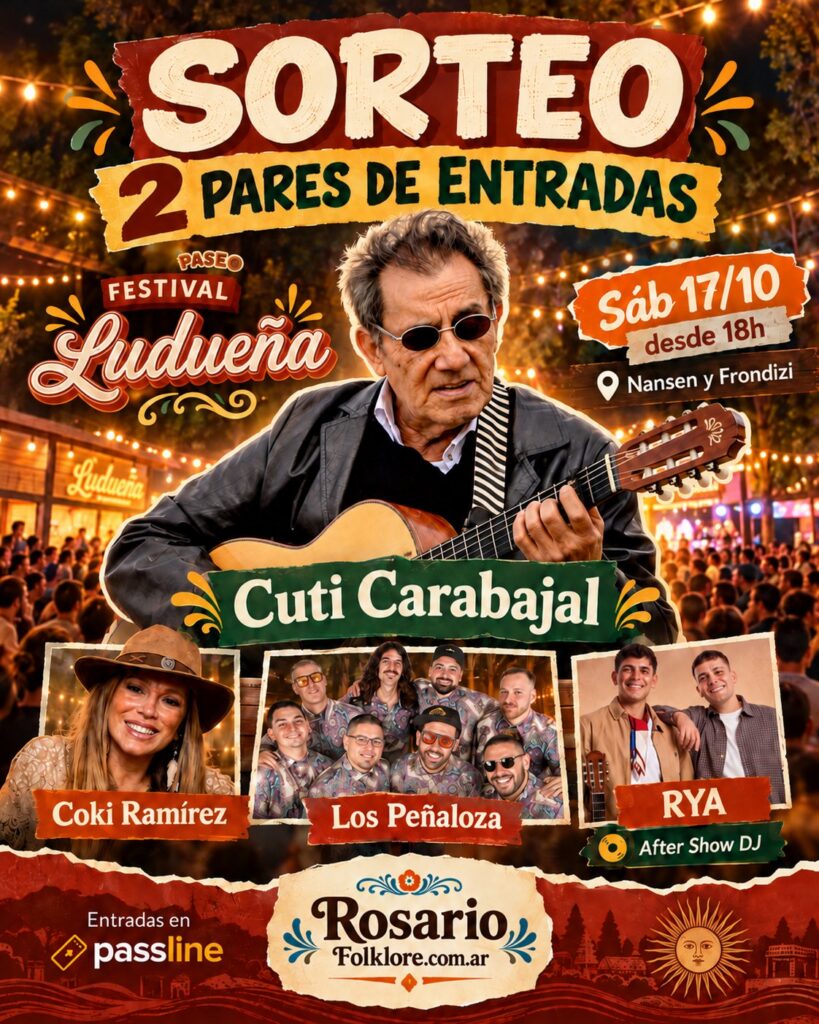 Flyer del sorteo de 2 pares de entradas para el Festival Ludueña, con Cuti Carabajal, Coki Ramírez, Los Peñaloza y RYA, el sábado 17/10 desde las 18 h en Nansen y Frondizi.