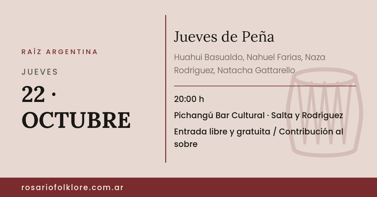 Jueves de Peña. JUEVES, 22 · OCTUBRE, 20:00 h. Pichangú Bar Cultural, Salta y Rodríguez. Entrada libre y gratuita / Contribución al sobre.