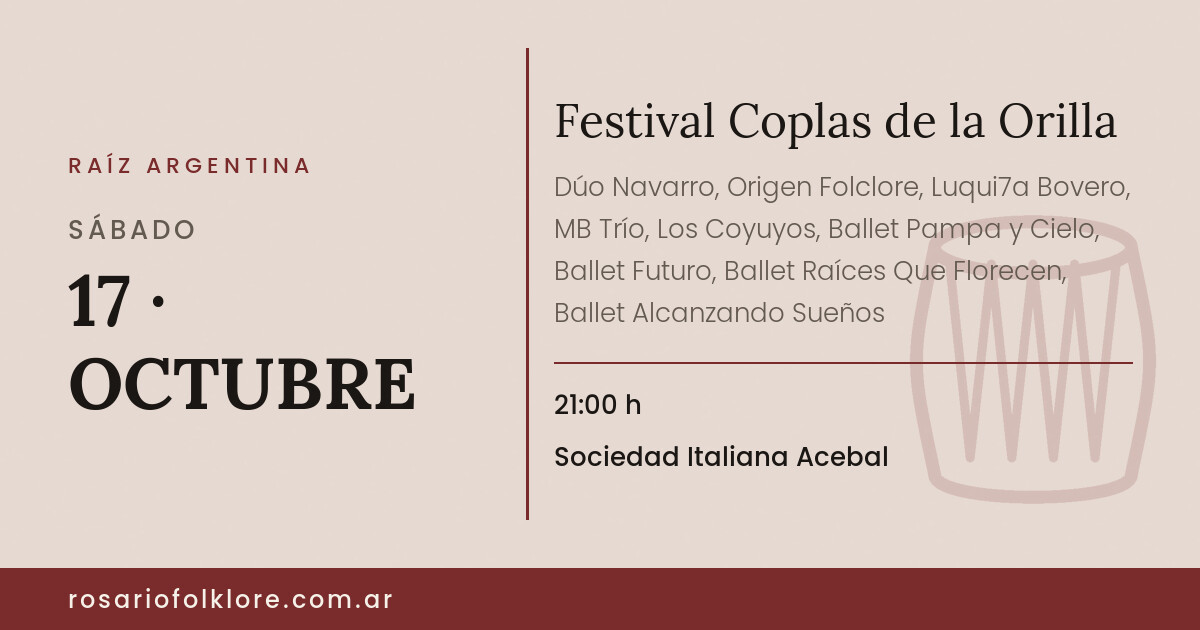 Festival Coplas de la Orilla. SÁBADO, 17 · OCTUBRE, 21:00 h. Sociedad Italiana Acebal.