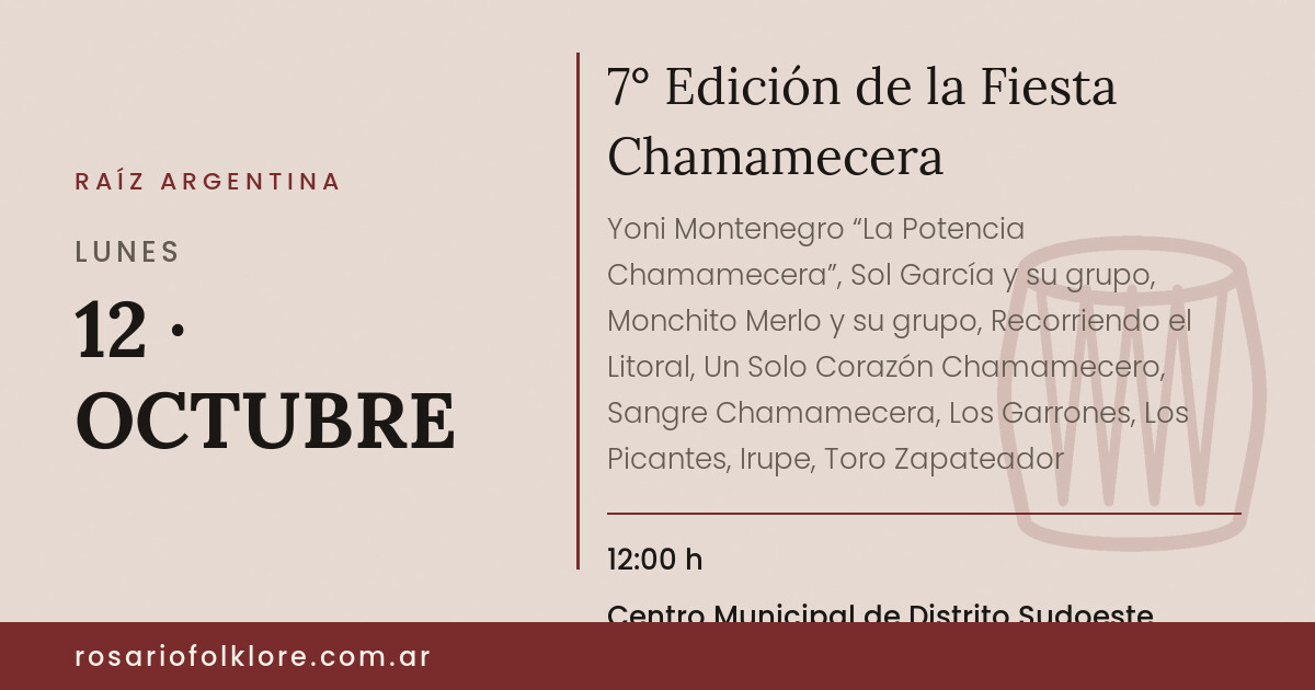 7° Edición de la Fiesta Chamamecera. LUNES, 12 · OCTUBRE, 12:00 h. Centro Municipal de Distrito Sudoeste "Emilia Bertolé", FRANCIA 4435. Gratis.